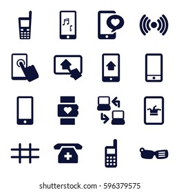 smart icons set. Set of 16 smart filled icons such as Poker on phone, phone with heart, grid, home on tablet, laptop connection, touchscreen, smart glasses, signal