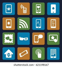 Smart icons set. set of 16 smart filled icons such as Poker on phone, heartbeat on phone, photo with heart, touchscreen, home connection, home on tablet, smart glasses