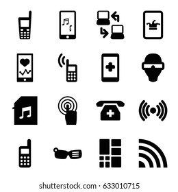 Smart icons set. set of 16 smart filled icons such as Poker on phone, heartbeat on phone, touchscreen, old phone, memory card with music, grid, laptop connection