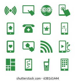 Smart icons set. set of 16 smart filled icons such as poker on phone, finger on tablet, nerd emoji, heart mobile, old phone, grid, touchscreen