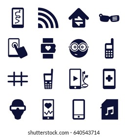 Smart icons set. set of 16 smart filled icons such as nerd emoji, heartbeat on phone, phone, old phone, memory card with music, grid, home connection, touchscreen