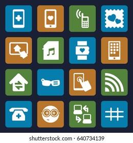 Smart icons set. set of 16 smart filled icons such as nerd emoji, heart mobile, photo with heart, medical phone, memory card with music, grid, home connection, home on tablet