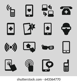 Smart icons set. set of 16 smart filled icons such as heart mobile, phone with heart, phone, touchscreen, medical phone, home on tablet, laptop connection