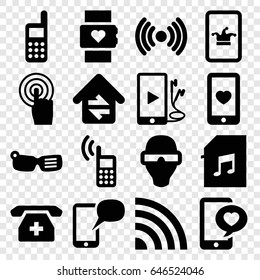 Smart icons set. set of 16 smart filled icons such as poker on phone, heart mobile, phone with heart, touchscreen, memory card with music, home connection, signal