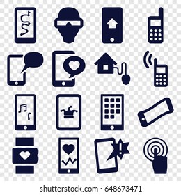Smart icons set. set of 16 smart filled icons such as poker on phone, heartbeat on phone, touchscreen, important message