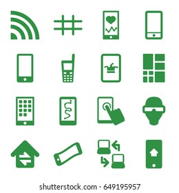 Smart icons set. set of 16 smart filled icons such as poker on phone, heartbeat on phone, grid, home connection, laptop connection, touchscreen, man in smart glasses