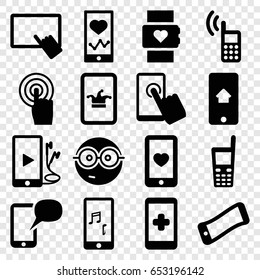 Smart icons set. set of 16 smart filled icons such as poker on phone, finger on tablet, nerd emoji, heartbeat on phone, heart mobile, touchscreen, old phone