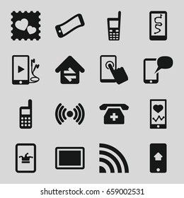 Smart icons set. set of 16 smart filled icons such as poker on phone, heartbeat on phone, photo with heart, tablet, home connection, touchscreen