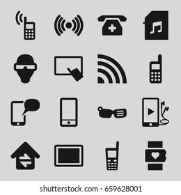 Smart icons set. set of 16 smart filled icons such as finger on tablet, phone, tablet, old phone, memory card with music, home connection, signal