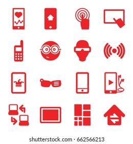 Smart icons set. set of 16 smart filled icons such as poker on phone, finger on tablet, nerd emoji, heartbeat on phone, touchscreen, tablet, grid, home connection