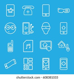Smart icons set. set of 16 smart outline icons such as Poker on phone, heartbeat on phone, phone, memory card with music, grid, smart home, home on tablet