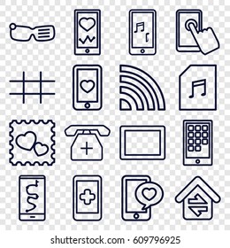 Smart icons set. set of 16 smart outline icons such as heartbeat on phone, heart mobile, photo with heart, phone with heart, tablet, medical phone, memory card with music
