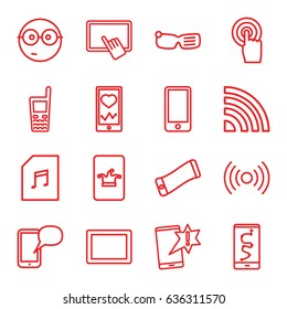 Smart icons set. set of 16 smart outline icons such as poker on phone, finger on tablet, heartbeat on phone, touchscreen, tablet, memory card with music, nerd emoji