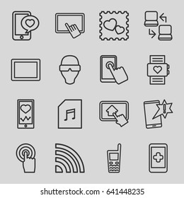 Smart icons set. set of 16 smart outline icons such as finger on tablet, heartbeat on phone, photo with heart, phone with heart, touchscreen, tablet, old phone