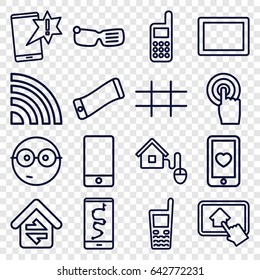 Smart icons set. set of 16 smart outline icons such as heart mobile, phone, touchscreen, tablet, old phone, grid, home connection, home on tablet, nerd emoji