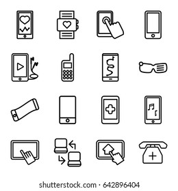 Smart icons set. set of 16 smart outline icons such as finger on tablet, heartbeat on phone, phone, medical phone, home on tablet, laptop connection, smart glasses