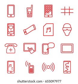 Smart icons set. set of 16 smart outline icons such as finger on tablet, heartbeat on phone, tablet, old phone, memory card with music, grid, man in smart glasses
