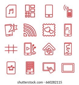 Smart icons set. set of 16 smart outline icons such as poker on phone, finger on tablet, photo with heart, phone, tablet, memory card with music, grid, home connection