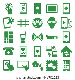 Smart icons set. set of 25 smart filled icons such as finger on tablet, nerd emoji, heartbeat on phone, heart mobile, photo with heart, touchscreen, tablet, old phone