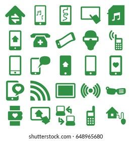 Smart icons set. set of 25 smart filled icons such as finger on tablet, heart mobile, phone with heart, phone, tablet, memory card with music, home connection