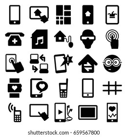 Smart icons set. set of 25 smart filled icons such as poker on phone, finger on tablet, nerd emoji, heartbeat on phone, touchscreen, tablet, memory card with music, grid