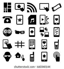 Smart icons set. set of 25 smart filled icons such as poker on phone, finger on tablet, nerd emoji, heartbeat on phone, heart mobile, touchscreen, old phone