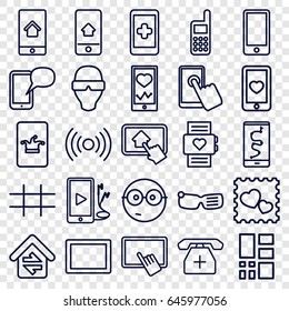 Smart icons set. set of 25 smart outline icons such as poker on phone, finger on tablet, heartbeat on phone, heart mobile, photo with heart, tablet, medical phone, grid