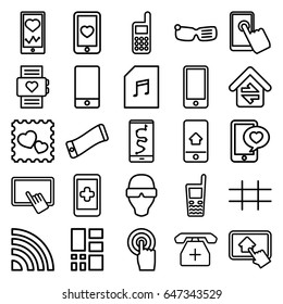 Smart icons set. set of 25 smart outline icons such as finger on tablet, heartbeat on phone, heart mobile, photo with heart, phone, touchscreen, memory card with music, grid
