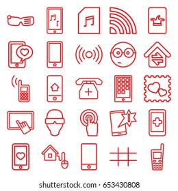 Smart icons set. set of 25 smart outline icons such as poker on phone, finger on tablet, heart mobile, photo with heart, phone with heart, phone, touchscreen