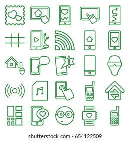 Smart icons set. set of 25 smart outline icons such as finger on tablet, heartbeat on phone, heart mobile, photo with heart, memory card with music, grid, home connection