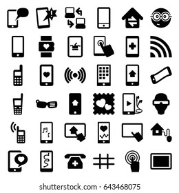 Smart icons set. set of 36 smart filled icons such as poker on phone, finger on tablet, nerd emoji, heartbeat on phone, heart mobile, photo with heart, touchscreen, tablet