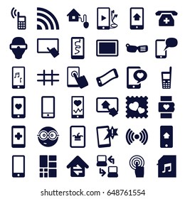 Smart icons set. set of 36 smart filled icons such as poker on phone, finger on tablet, nerd emoji, heartbeat on phone, heart mobile, photo with heart, touchscreen, tablet