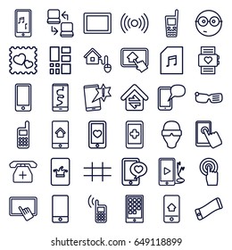 Smart icons set. set of 36 smart outline icons such as poker on phone, finger on tablet, heart mobile, photo with heart, phone, touchscreen, tablet, memory card with music
