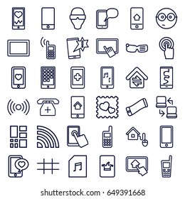 Smart icons set. set of 36 smart outline icons such as poker on phone, finger on tablet, heartbeat on phone, heart mobile, photo with heart, phone with heart, touchscreen