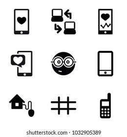 Smart icons. set of 9 editable filled smart icons such as nerd emoji, heartbeat on phone, phone, grid, smart home, laptop connection, heart mobile