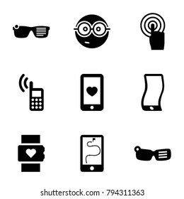 Smart icons. set of 9 editable filled smart icons such as nerd emoji, heart rate watch, smart glasses, heart mobile, touchscreen, phone, route and phone