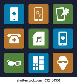 Smart icons set. set of 9 smart filled icons such as heart mobile, medical phone, mobile phone music, memory card with music, grid, home on phone display