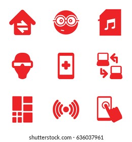 Smart icons set. set of 9 smart filled icons such as nerd emoji, memory card with music, grid, home connection, laptop connection, touchscreen, man in smart glasses