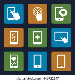 Smart icons set. set of 9 smart filled icons such as finger on tablet, heartbeat on phone, phone with heart, phone
