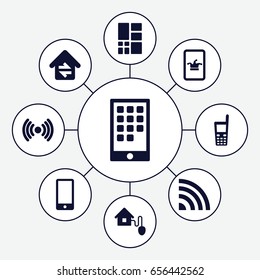 Smart icons set. set of 9 smart filled icons such as poker on phone, old phone, grid, home connection, smart home