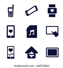 Smart icons set. set of 9 smart filled icons such as finger on tablet, heartbeat on phone, heart mobile, tablet, old phone, memory card with music, home connection, wavy phone
