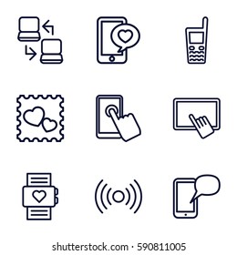 smart icons set. Set of 9 smart outline icons such as finger on tablet, photo with heart, phone with heart, old phone, laptop connection, message on phone, signal