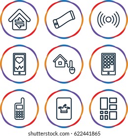 Smart icons set. set of 9 smart outline icons such as Poker on phone, heartbeat on phone, grid, home connection, smart home