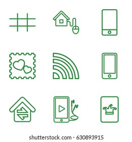 Smart icons set. set of 9 smart outline icons such as poker on phone, photo with heart, phone, phone and earphones, grid, home connection, smart home