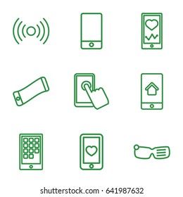 Smart icons set. set of 9 smart outline icons such as heartbeat on phone, heart mobile, phone, smart glasses, signal