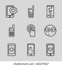 Smart icons set. set of 9 smart outline icons such as heart mobile, phone with heart, touchscreen, old phone, mobile phone music