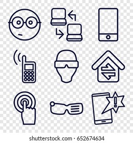 Smart Icons Set. Set Of 9 Smart Outline Icons Such As Phone, Touchscreen, Home Connection, Laptop Connection, Nerd Emoji