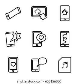 Smart icons set. set of 9 smart outline icons such as heart mobile, phone with heart, memory card with music, home on phone display, home on tablet
