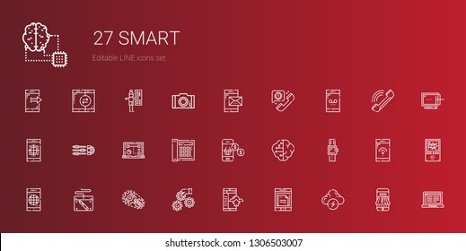 smart icons set. Collection of smart with brainstorm, smartphone, settings, setting, graphic tablet, smartwatch, brain, telephone, laptop, payment method. Editable and scalable smart icons.
