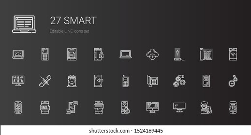smart icons set. Collection of smart with monitor, smartphone, communications, settings, telephone, cellphone, muse, phone, hologram, brainstorm. Editable and scalable smart icons.
